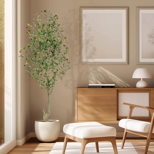 1-2pcs Artificial Olive Tree with White Planter & Fruits, Realistic Faux Indoor/Outdoor Plant, 5-7ft Tall Fake Tree for Home