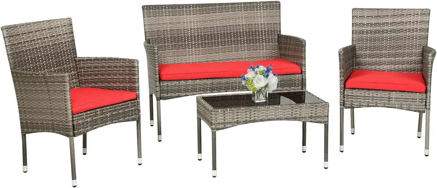 4 Pieces Patio Furniture Set Rattan Outside Furniture Wicker Sofa Garden Conversation Sets with Soft Cushion and Glass Table for