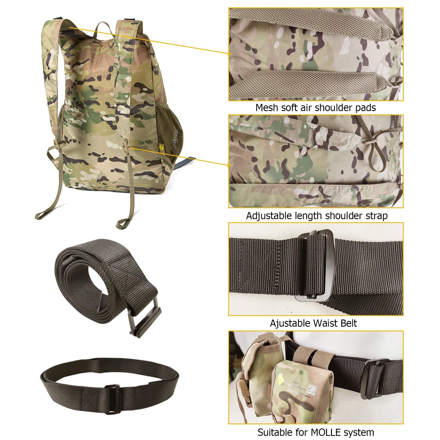 MT Military Fordable Day Pack Portable Backpack Set 30L Ultra-Light Outdoor Travel Hiking Bags with Waist Belt