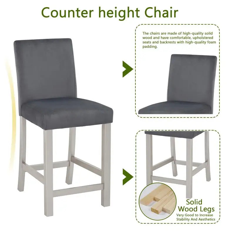 5-Piece Counter Height Dining Set, Wooden Table with Square Design and 4 Upholstered Chairs, Stylish Kitchen Furniture with