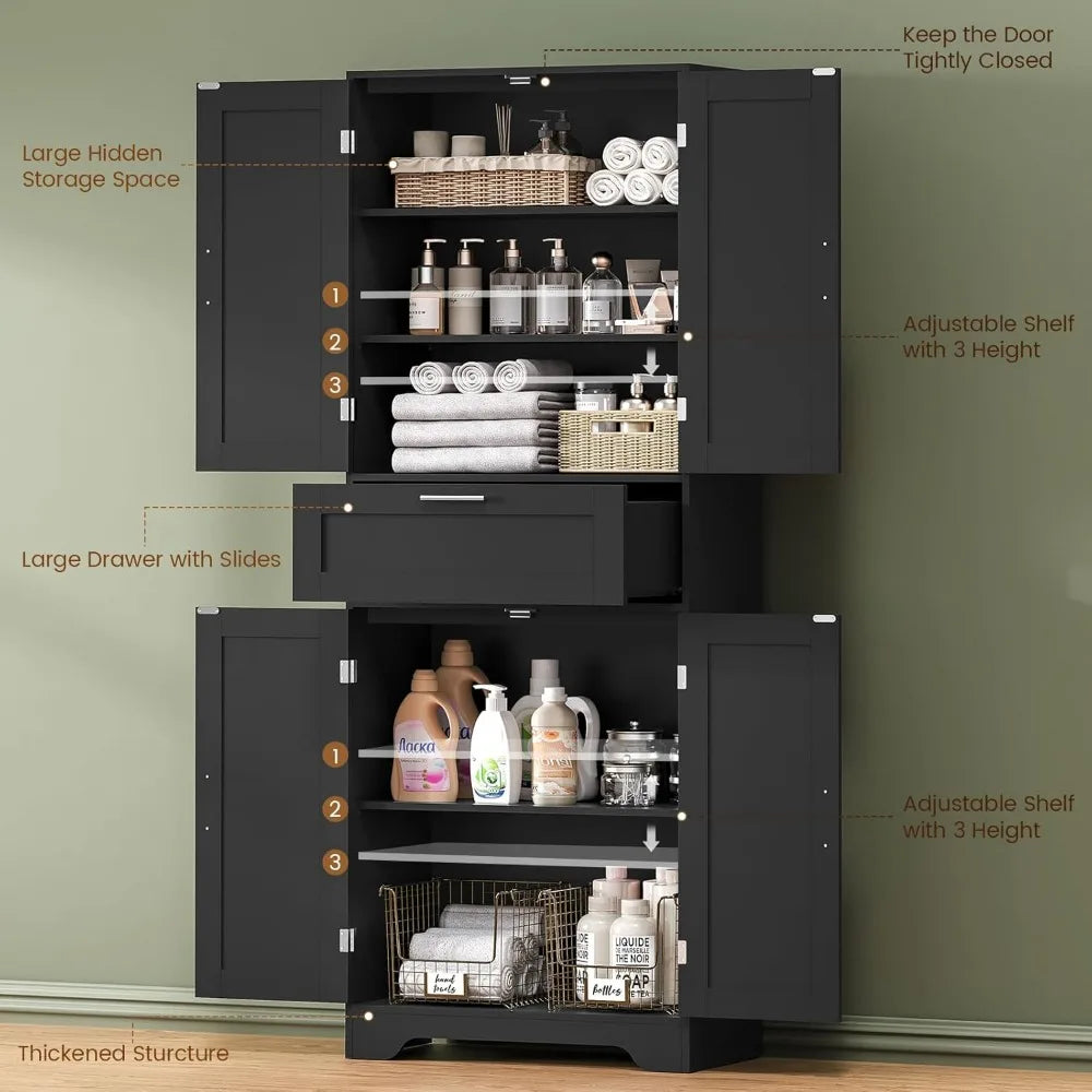 Adjustable Shelf Tall Storage Cabinet, Black Drawer Cabinet, Dining Room Bathroom Storage Solutions