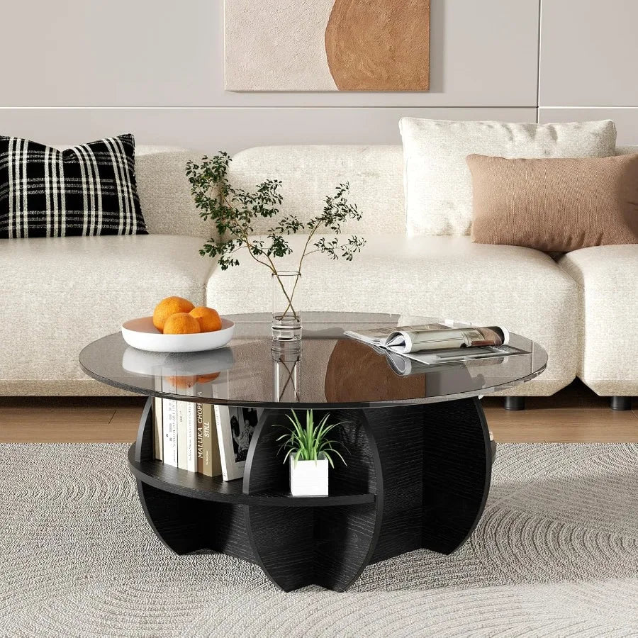 Round Coffee Table Modern Coffee Table Glass Top with Solid Wood Base Large Rustic Circle Center Cocktail Table Unique Accent G