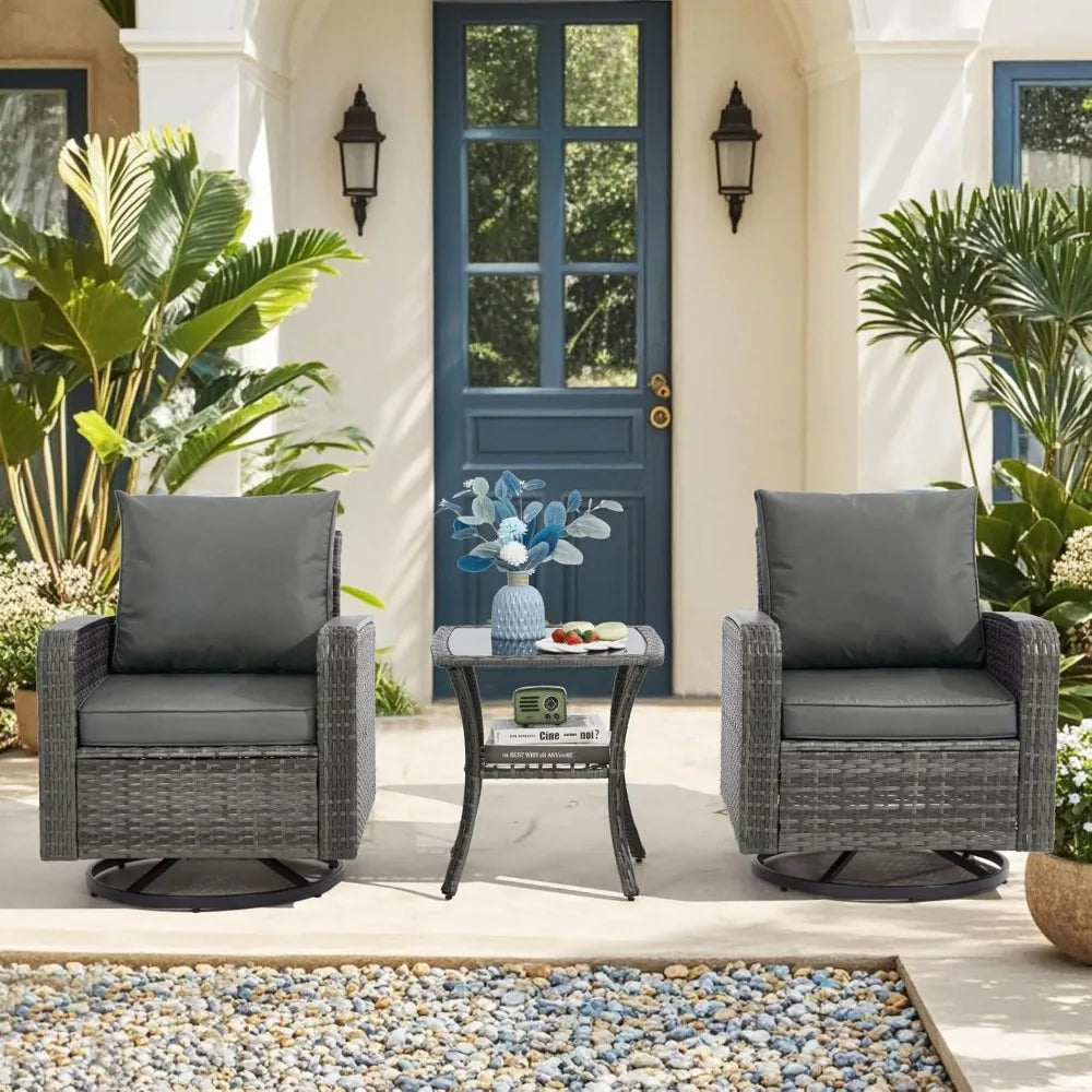 3 Piece Patio Set, Outdoor Swivel Chair, Wicker Patio Bistro Set with Side Table for Garden, Porch, Backyard