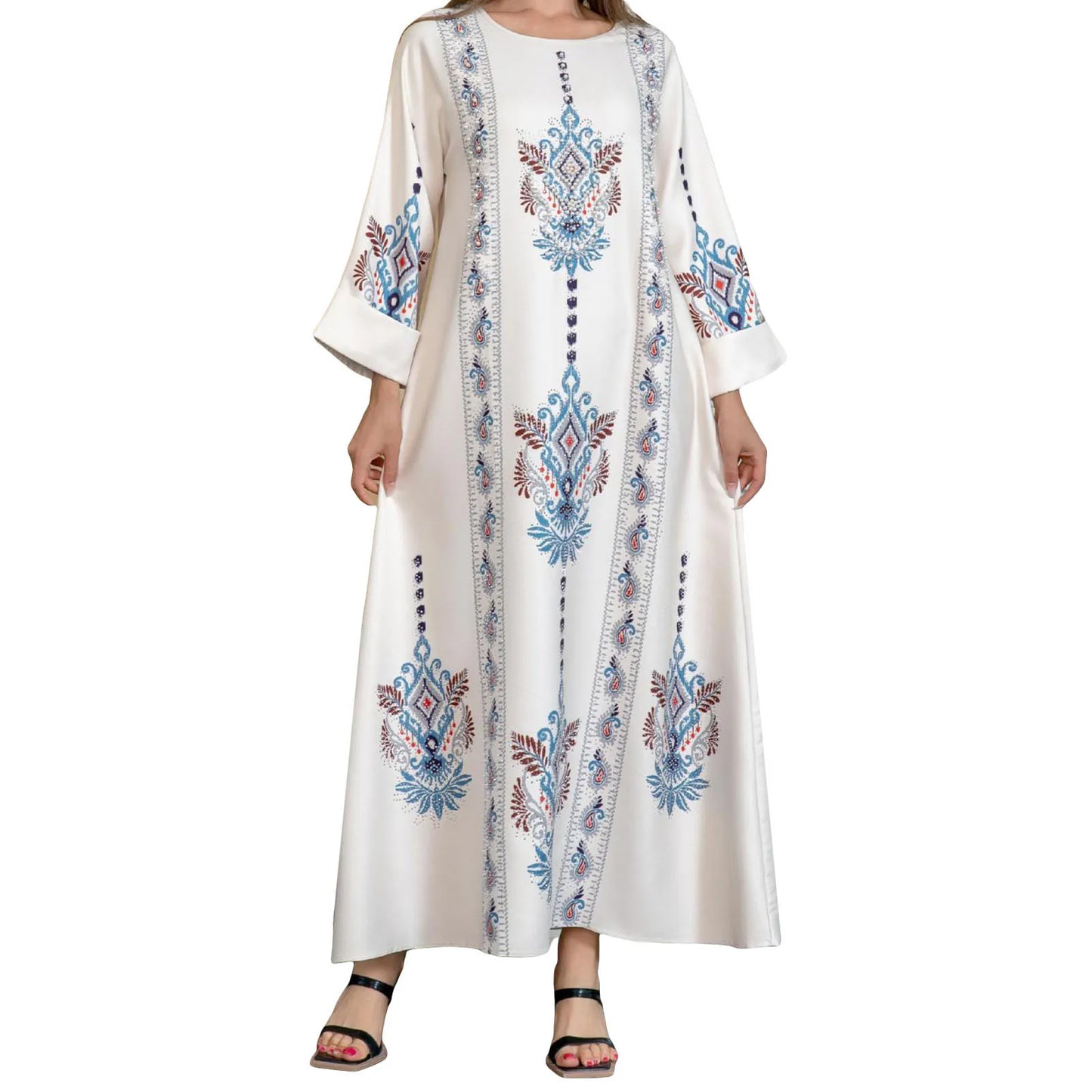 Women s Elegant Floral Print Maxi Dress Long Sleeve Round Neck Loose Fit Arab Style Kaftan Dress for Autumn