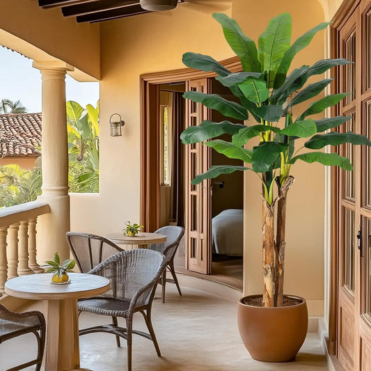 Artificial Banana Tree 7FT/6FT/5FT, Faux Banana Tree with Grey Planter, Artificial Plants with Fake Banana Leaves Plant for Home