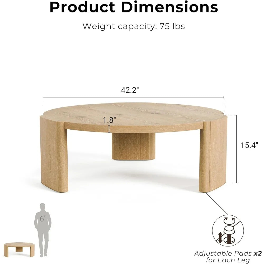 Carys Modern Solid Wood 42-inch Round Coffee Table with Plinth Base, Living Room Furniture for Small Space, Home Office, Oak