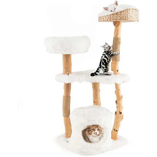 49 inch Cat Tree for Indoor Cats, Cute Solid Wood Modern Multi-Level Cat Tower with Scratching Posts, Top Cattail Basket