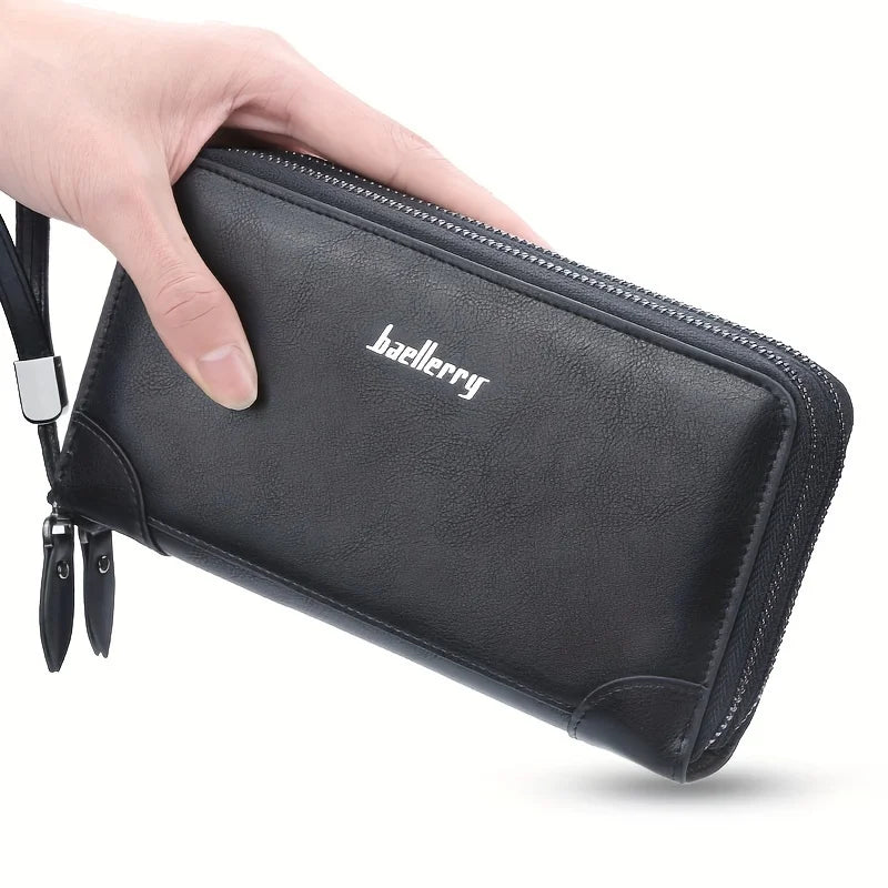 Men's Business Long Wallet, PU Leather Large Capacity Clutch Bag, Mobile Phone Bag With Wristlet, Double Zipper Handbag