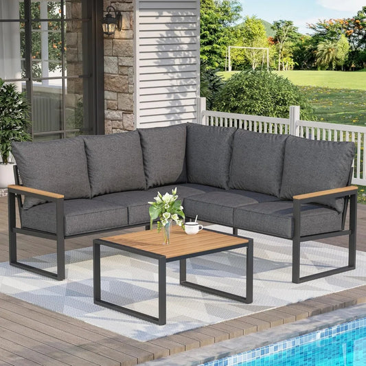 Metal Patio Furniture Set, 6 Pieces Outdoor Sectional Sofa Set with Side Table, L Shape Patio Conversation Set with Faux-Wood