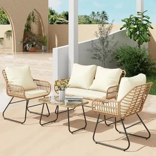 4-Piece Outdoor Patio Furniture Set with Cushions & Tempered Glass Table, All-Weather Rattan Bistro Set with Loveseat Chairs