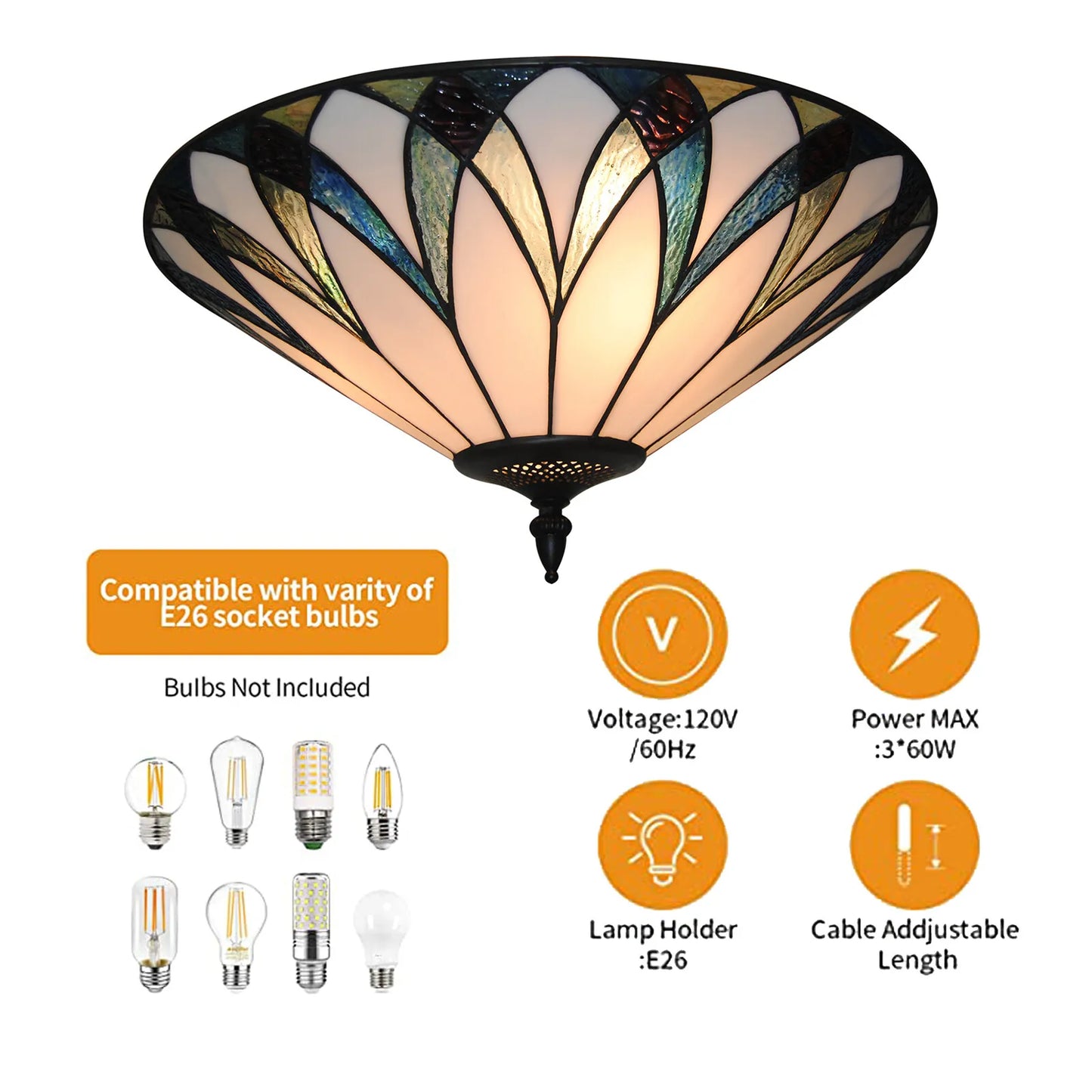 3-Lights Retro Style Ceiling Light E26 Retro Chandelier Stained Glass Lamp Fixture