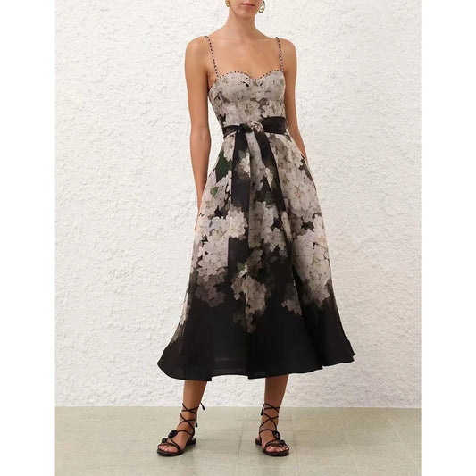 Women's dress Positioning print pattern Sleeveless Dress with Detachable fabric belt Dresses femme