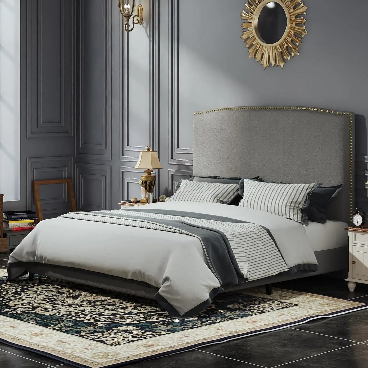 King Size Bed Frame with Upholstered Headboard, 56" Modern Platform Bed, Soft Boucle Fabric & Gold Nailhead Trim