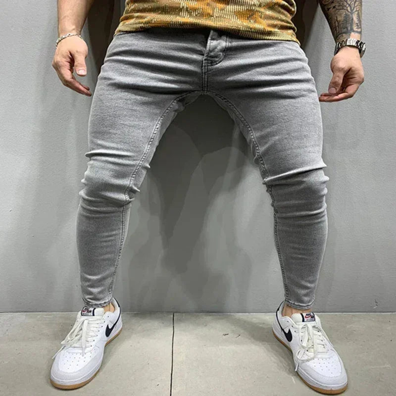 Male Hip-hop Trousers Pure Color Ripped Jeans Men Slim Long Pencil Pant Men Clothing High Quality Men Fashion Thin Skinny Jeans