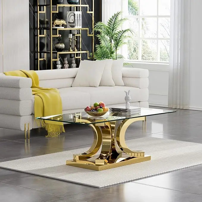 Glass Coffee Table with Gold 4C Stainless Steel Metal Leg, 47" Rectangular Clear Tempered Glass Center Stainless Steel Tea Table
