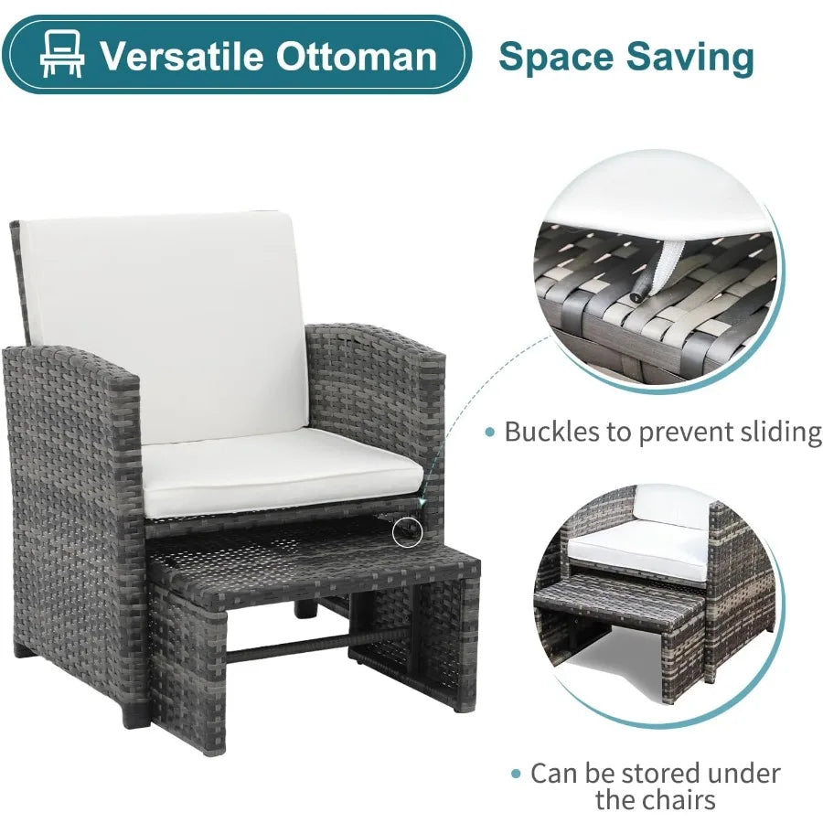 6 Piece Patio Furniture Conversation Set with Ottoman Outdoor Grey Wicker Chair and Table Set Ideal for Balcony Spaces in Apart