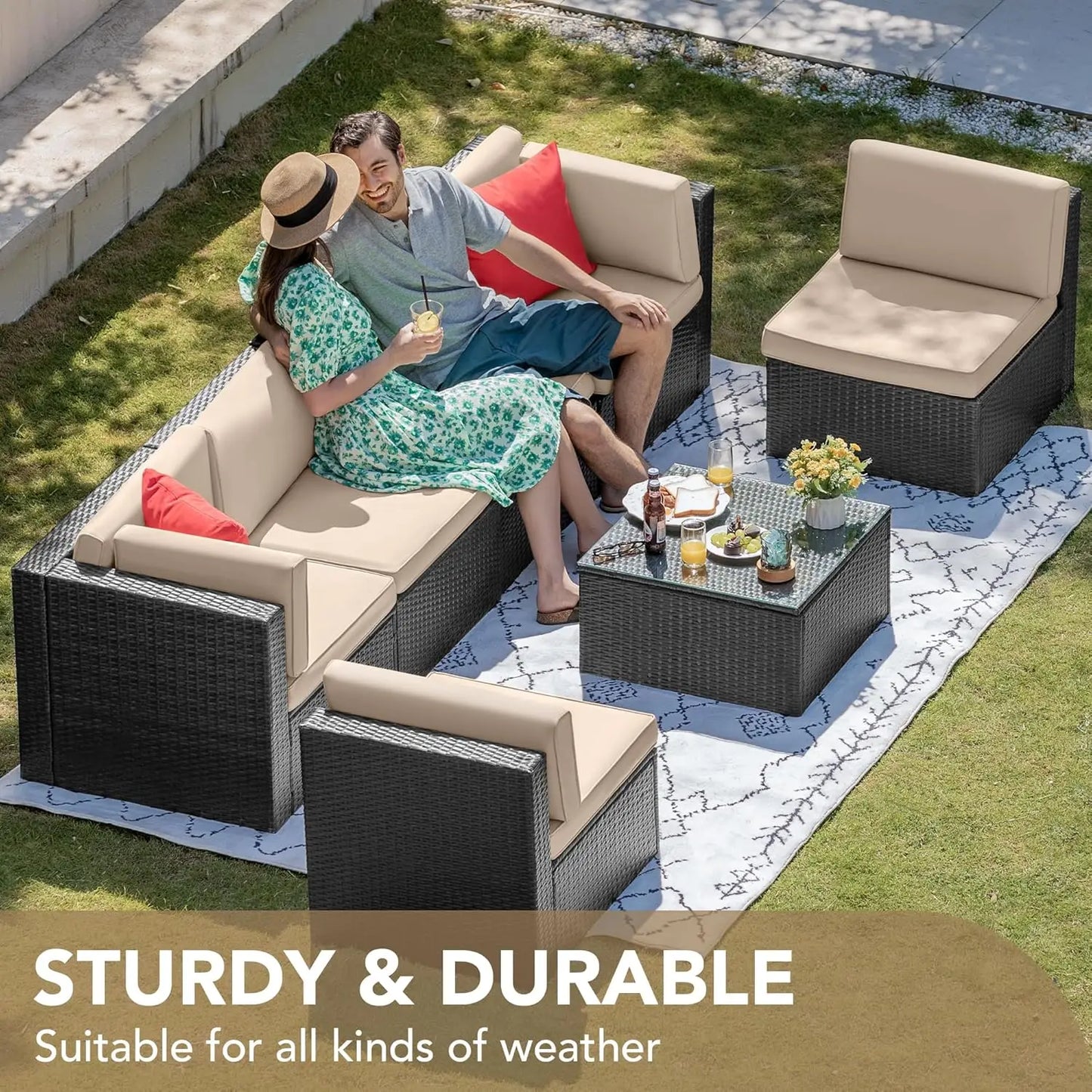 Sectional Sofa Patio Furniture Sets Manual Weaving Wicker Rattan Patio Conversation Sets with Cushion and Glass Table
