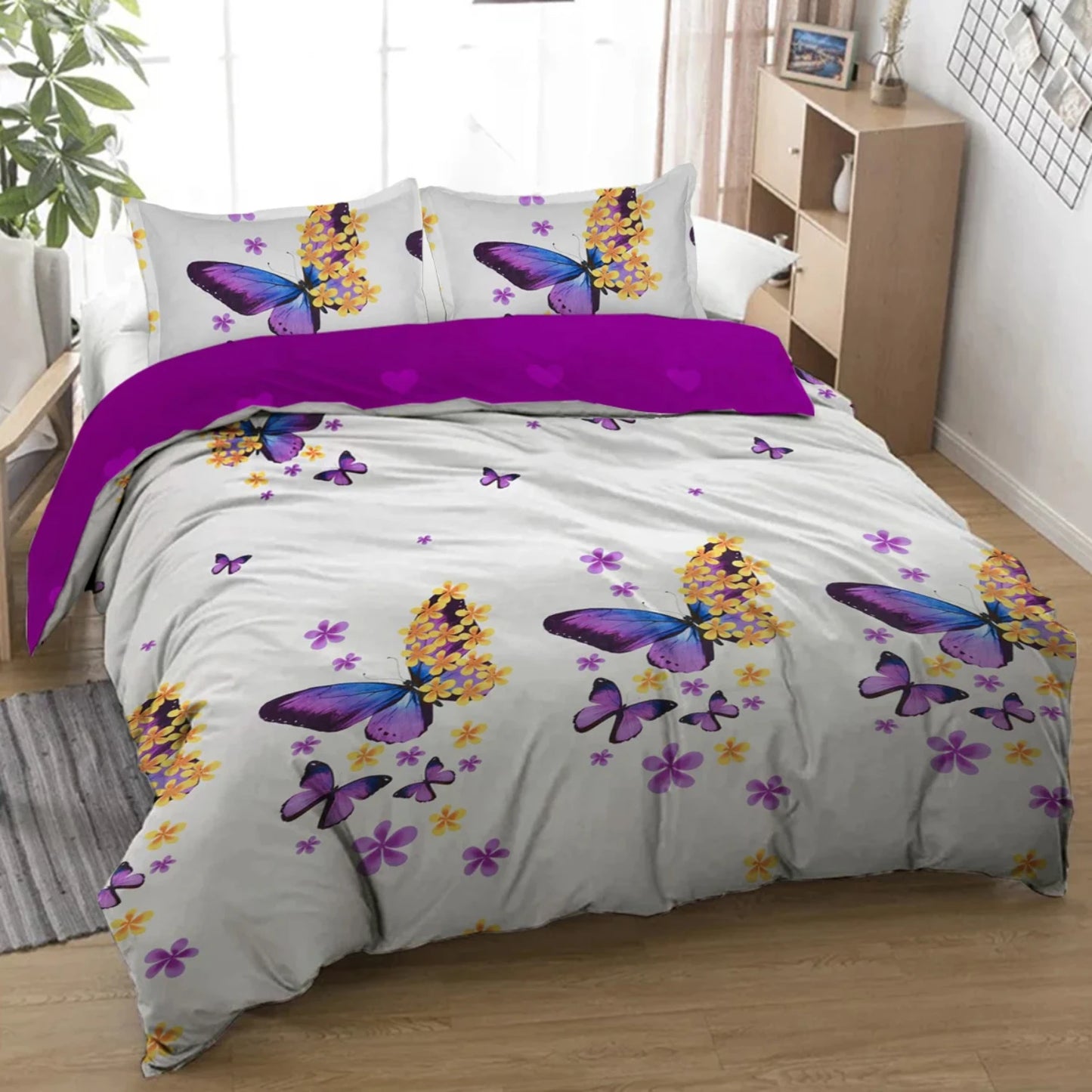 Purple and Yellow Geometric Design Bedding Set - Decorative 3-Piece Duvet Cover with 2 Pillow Shams - Cozy Family Bedding Additi