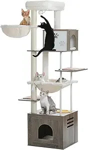 PAWZ Road Large Cat Tree with Food Station, 74.8 Inches Wooden Tall Cat Tower with Extra Large Condos and Hammocks,Spacious Perc