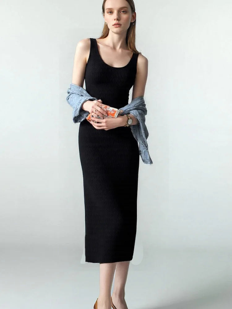 New Fashion Sleeveless Lady Elegant Office Knit Clothes Sexy Slip Dress for Women Autumn Spring Knitted Bottoming Long Dresses