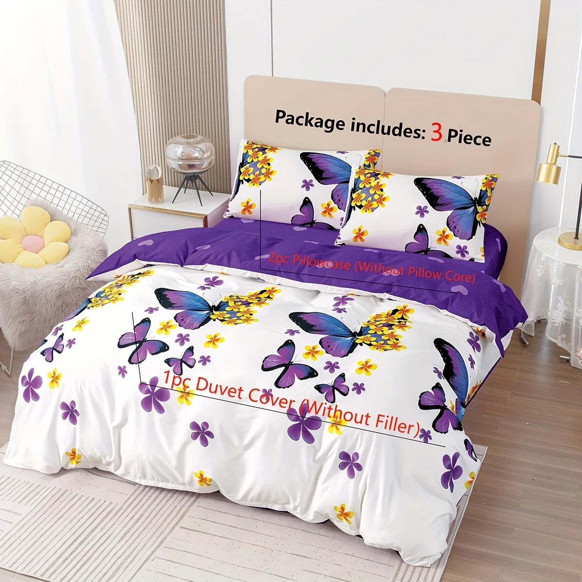 3pcs  Flower Duvet Cover Set - Soft and Comfortable Bedding for Bedroom and Guest Room - Includes 1 Duvet Cover and 2 Pillowcase