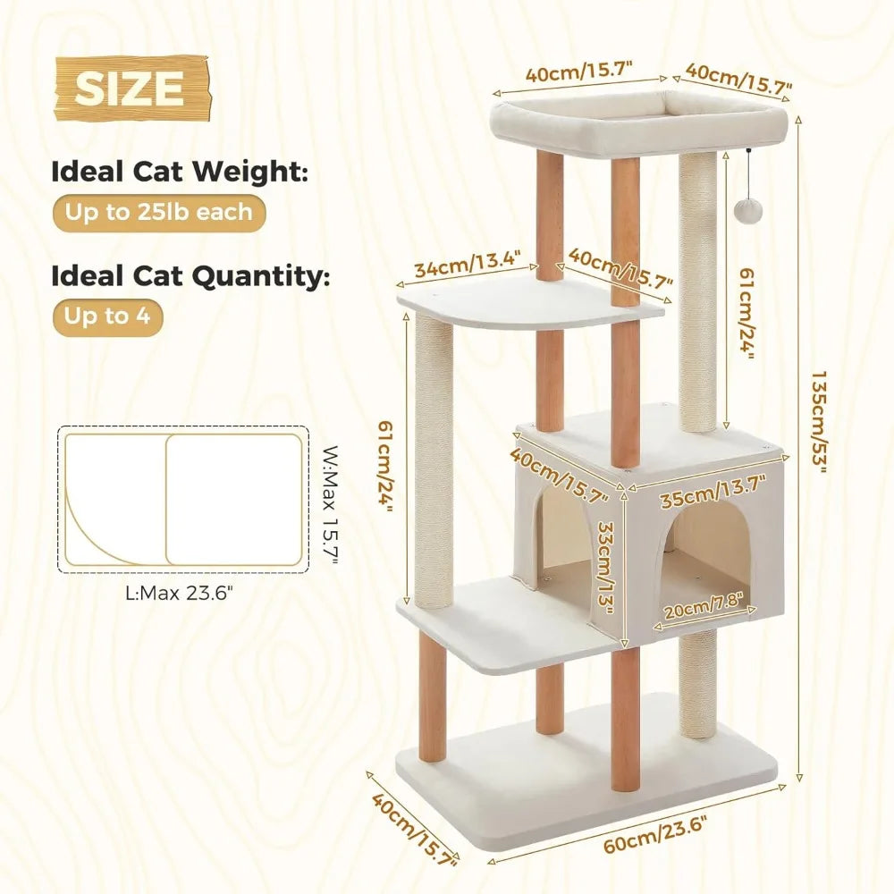 53-inch tall modern wooden cat tree for large indoor cats with multi-level condos and extended scratching posts