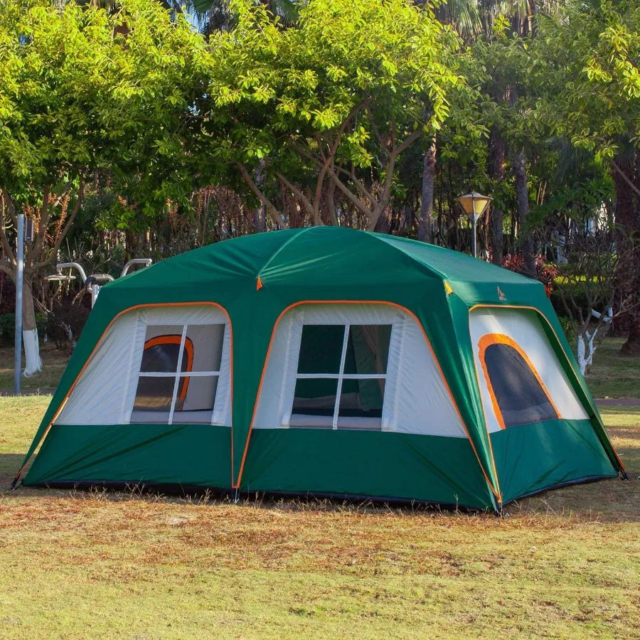 KTT Large Family Cabin Tent for 1012 People 14.1X10X6.58ft 2 Rooms with 3 Storage Pockets 2 Bay Windows 3 Doors and 3 Windows F