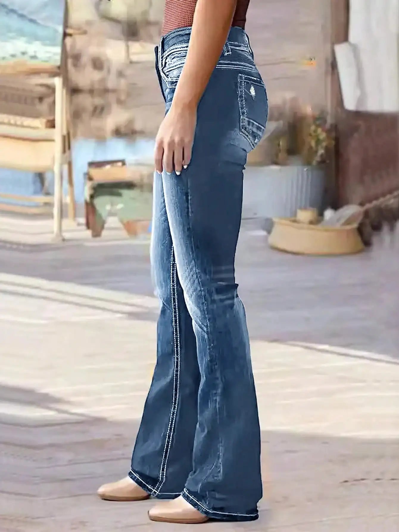 Solid Color Casual Jeans, Tight Elastic Diagonal Pocket Jeans, Women's Wear