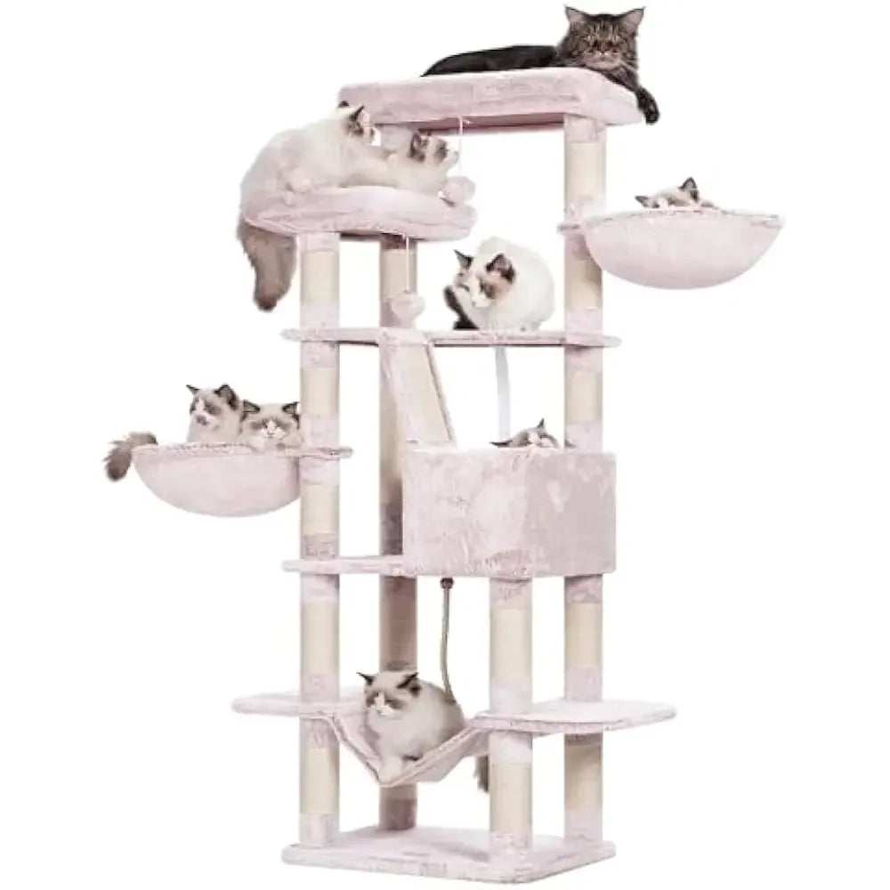 Cat Tree, 68 inch Multi-Level Cat Tower for Indoor Cats, 2 Widened Plush Perches Cat Condo with Scratching Board and Big Caves
