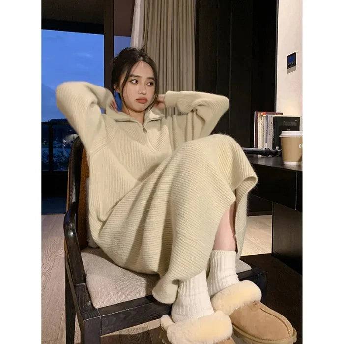 Spring Autumn 2025 Knitted Midi Dress Long Sleeve Inner Wear Base Skirt Elegant Goddess Style Coat Matching Casual Dress