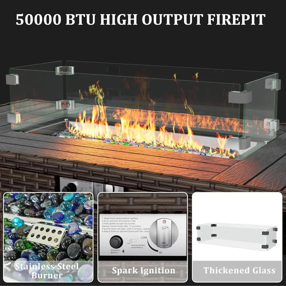 8 Pieces Outdoor Patio Furniture Set with 44" Fire Pit Table Rattan Sectional Conversation Sets w/Gas Fire Pit