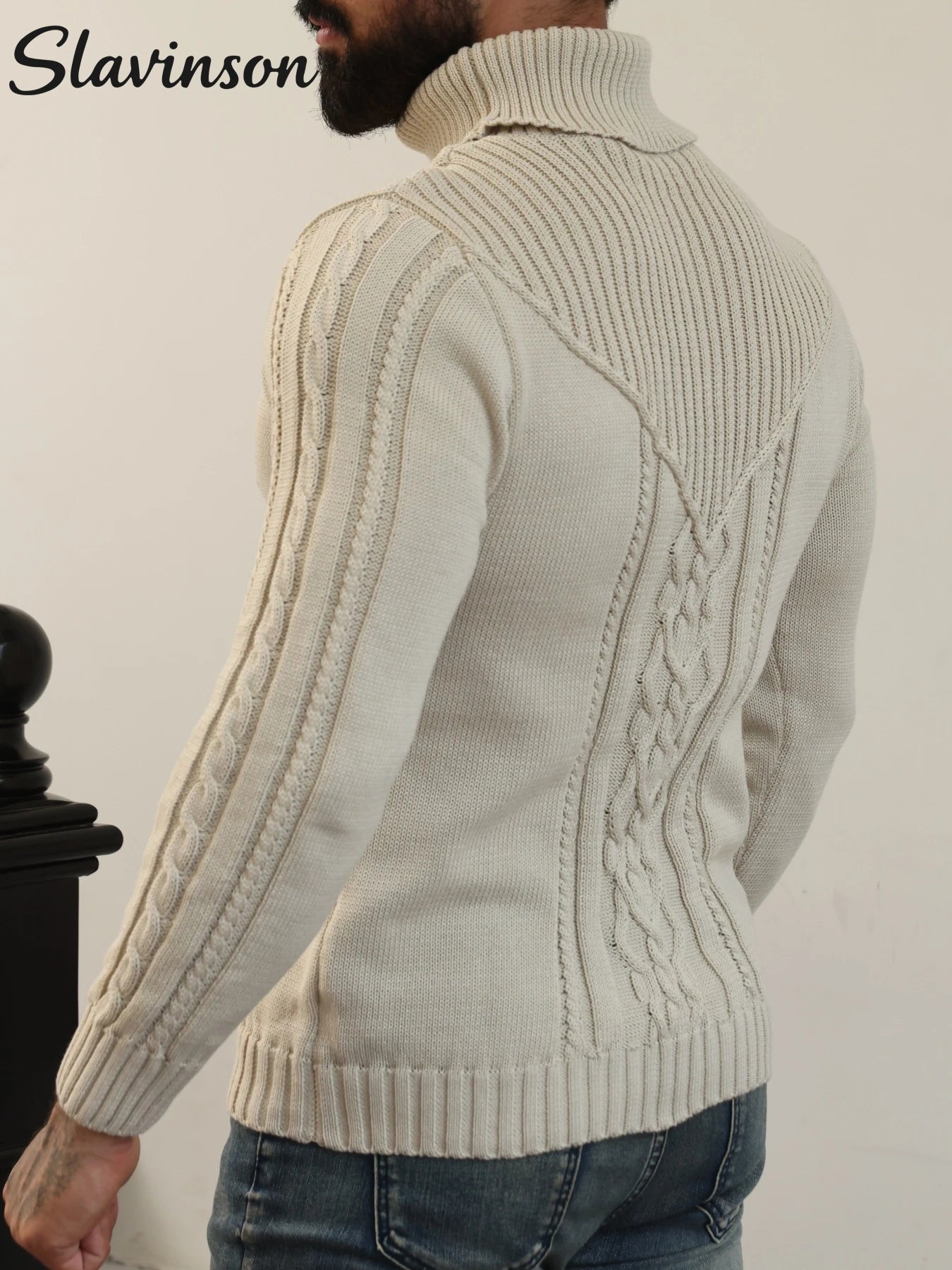 Men's Autumn Outfit: Turtleneck Sweater with Exquisite Cable Knit Patterns, Comfortable and Warm Fabric, Daily Commuting