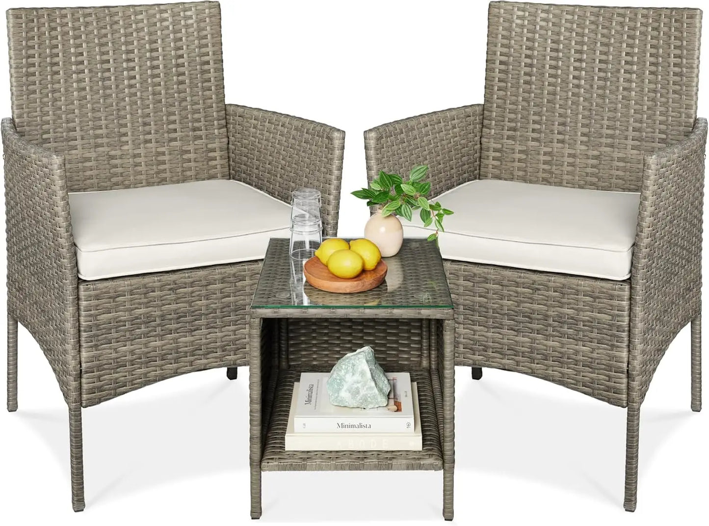 3-Piece Outdoor Wicker Conversation Bistro Set, Space Saving Patio Furniture for Garden w/Side Table