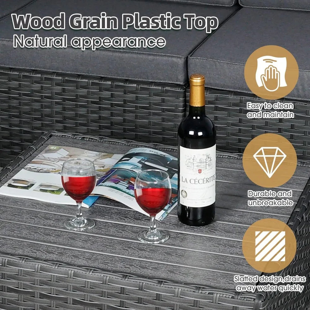 7 Piece Outdoor Patio Furniture Set with Cushions, PE Rattan Wicker Modular Patio Sofa Set with Coffee Table, and Two Pillows