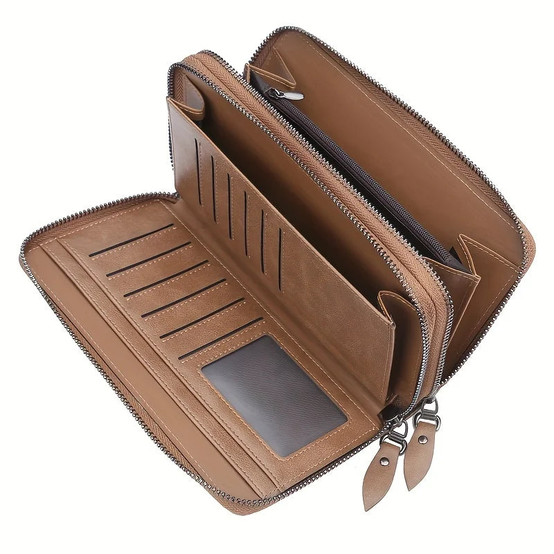 Men's Business Long Wallet, PU Leather Large Capacity Clutch Bag, Mobile Phone Bag With Wristlet, Double Zipper Handbag