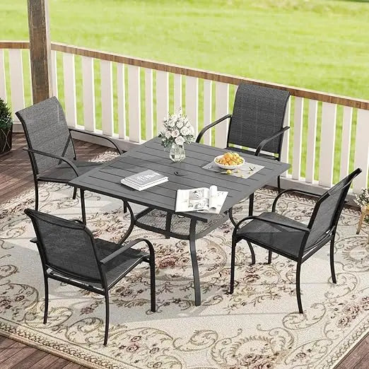 5 Pieces Patio Dining Set, Outdoor Furniture Set Includes 1 Square Outdoor Table and 4 Stackable Patio Sling Chairs, Black Tabl