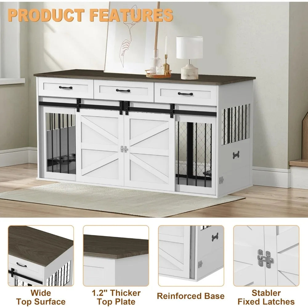 RQZ 65 Dual Dog Crate Furniture - Heavy-Duty Wooden Dog Cage Table with Storage Drawers and Stainless Steel Bowls