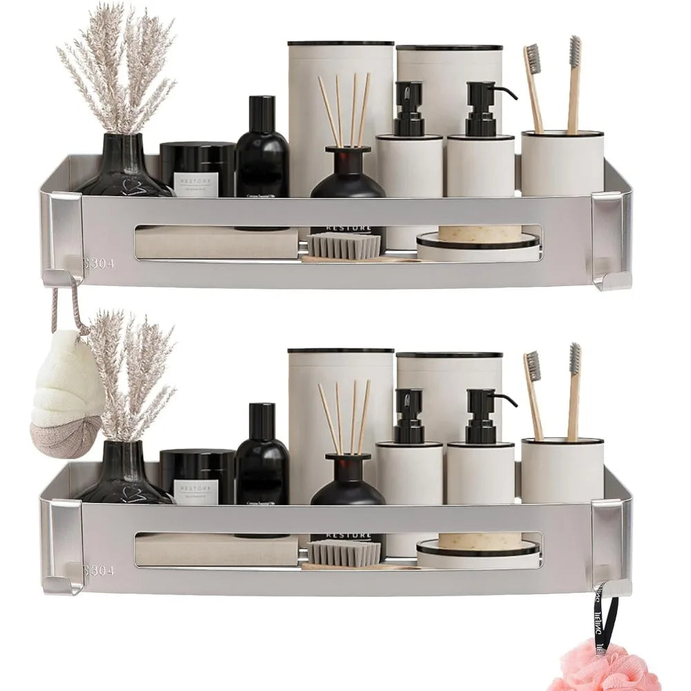 bathroom shower caddy 2 pack, no drill 304 stainless steel shower organizer with 2 hooks (shower shelf, brushed nickel)
