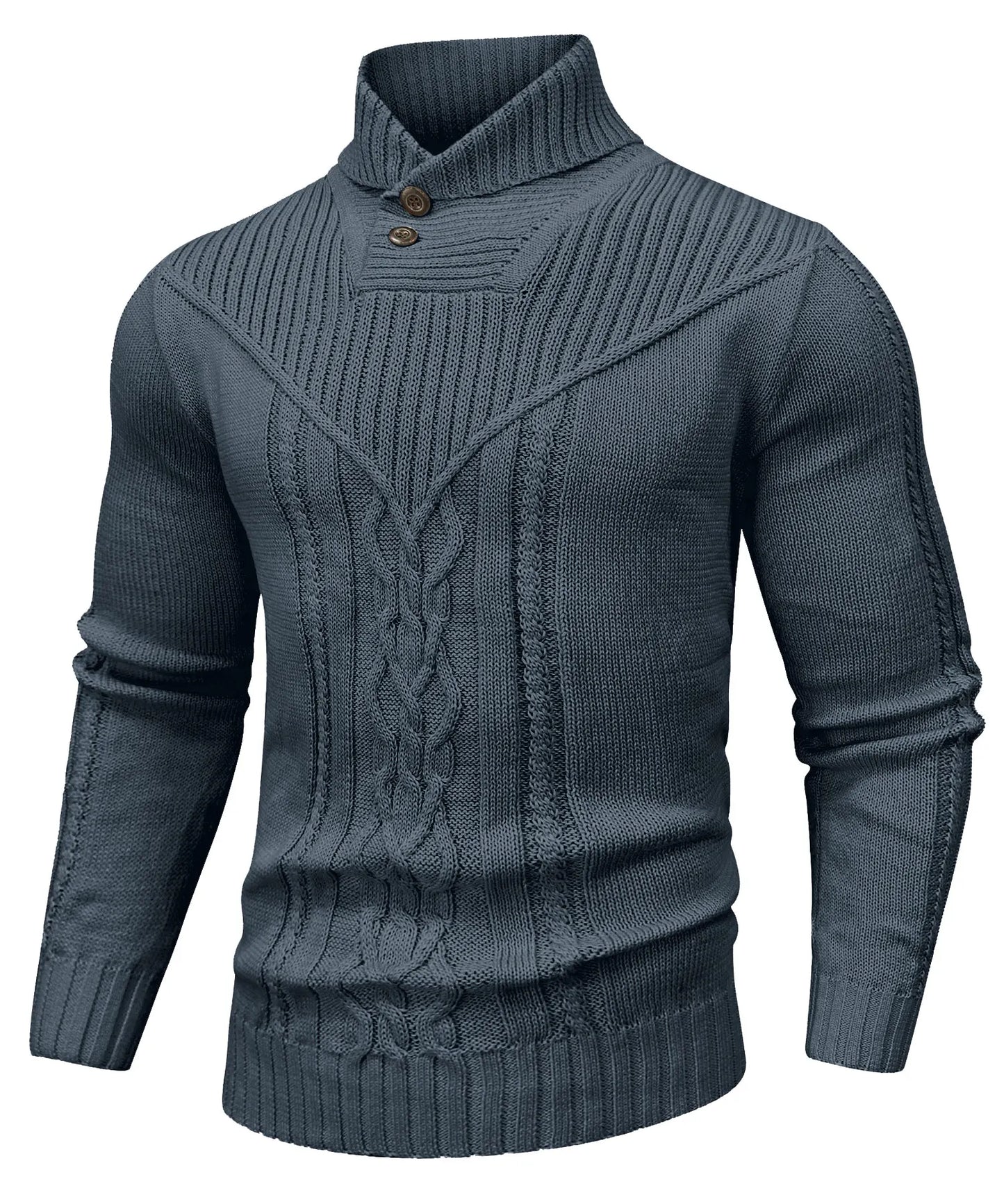 Men's Sweater Winter Shawl Collar Pullover Sweater Casual Cable Knit Button Sweaters Woolen Solid Color  Fleece Tops US Size