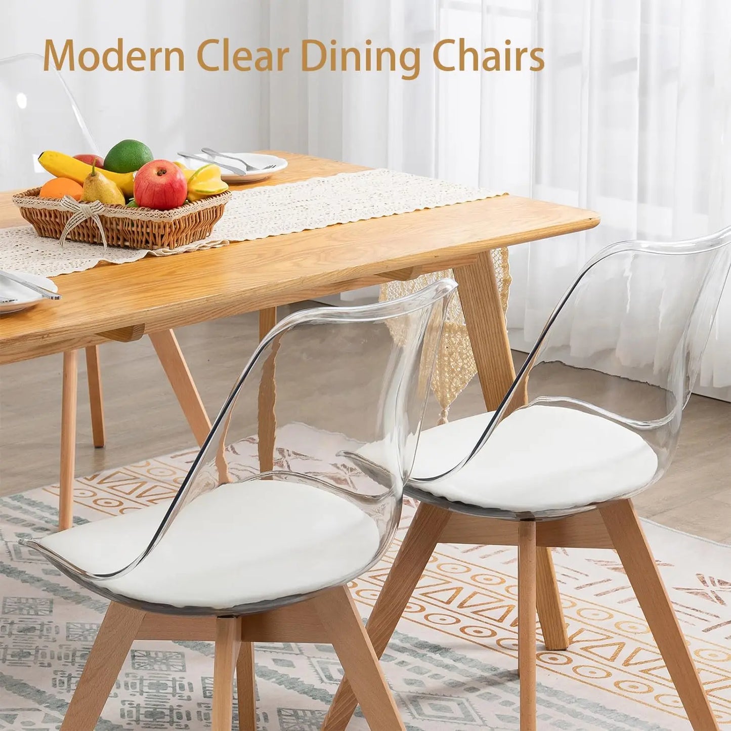 Clear Dining Chairs Set of 4, Modern Acrylic Accent Chair Kitchen Dinner Chairs with PU Leather Cushions Seat and Wood Legs, Sid