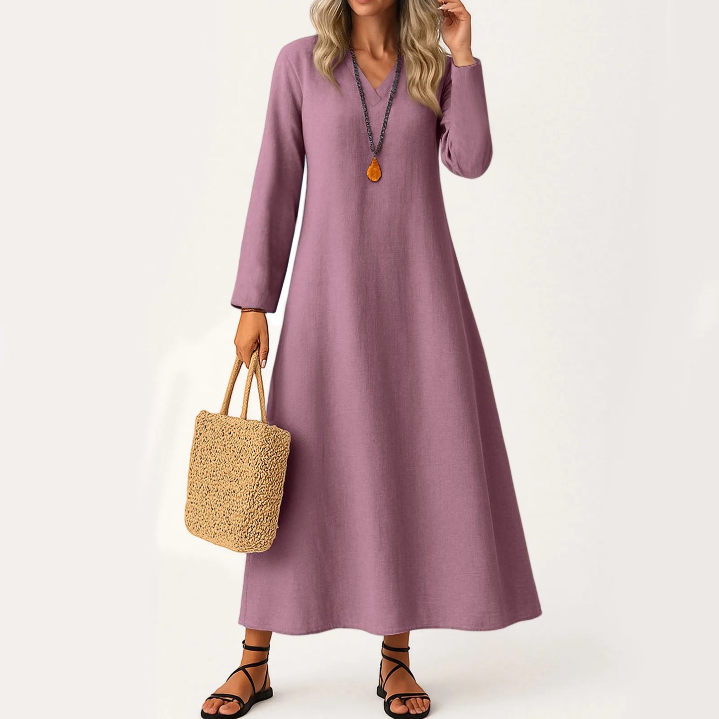Dress For Women Long Boho Beach Dress Elegant Maxi Dress V-Neck Long Sleeve Dress With Pockets Vestidos Para Mujer Female Dress