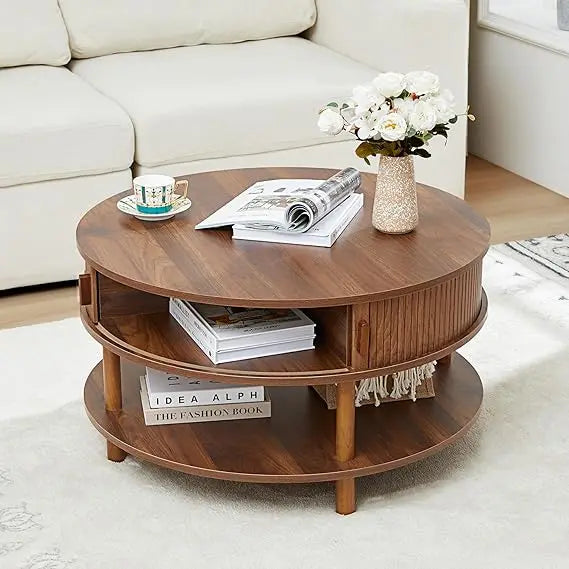 Mid-Century Modern Round Coffee Table with Storage and Sliding Door, Featuring Two Tiers and Solid Wood Legs with Fluted Design
