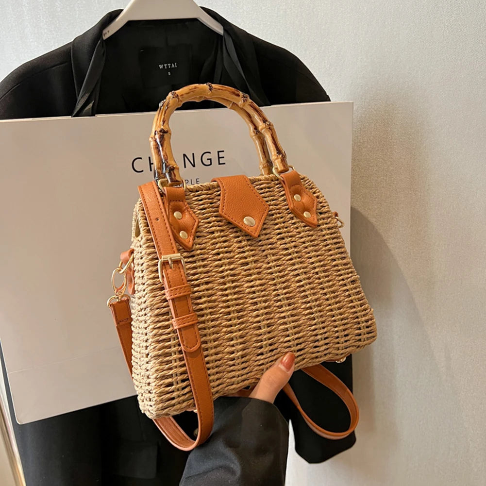 Summer Hand-Woven Handbags Bamboo Handle Woven Beach Crossbody Bag Handmade Simple Portable Adjustable Strap for Seaside Holiday