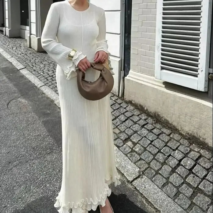 Ruffles Pleated Loose Long Dress Women Autumn Winter Fashion White O Neck Flare Elegant Party Dresses Female Streetwear Outfits