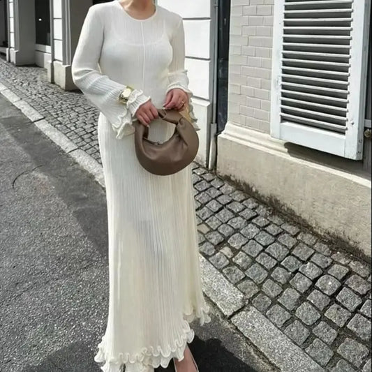 Ruffles Pleated Loose Long Dress Women Autumn Winter Fashion White O Neck Flare Elegant Party Dresses Female Streetwear Outfits