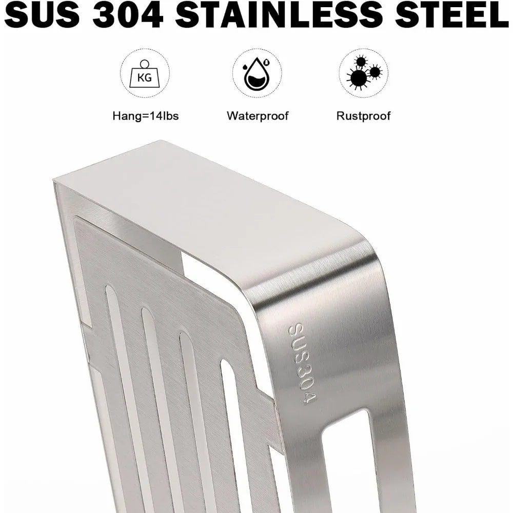 bathroom shower caddy 2 pack, no drill 304 stainless steel shower organizer with 2 hooks (shower shelf, brushed nickel)