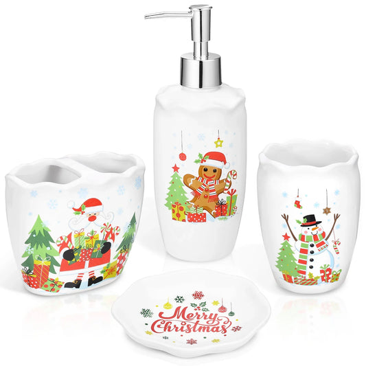 4-Piece Ceramic Christmas Bathroom Accessory W/ Tumbler/Toothbrush Holder/Soap Dish/Dispenser Christmas Toothbrush Holder Set