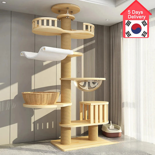 Cat Tree House Tower Adjustable Pet Condo Flannel Hammock Bed Cat Tree Floor To Ceiling Wooden House Multifunction Tower Soft
