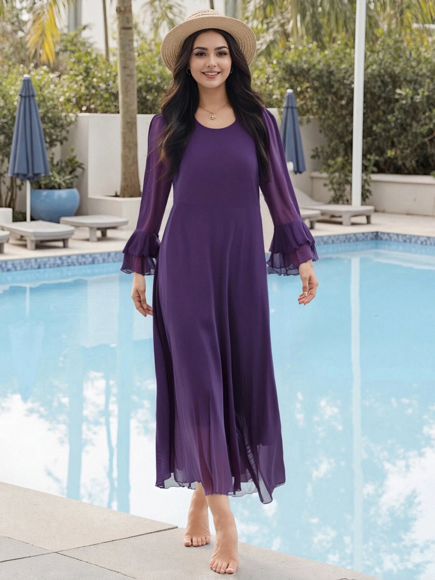 Elegant Maxi Dress Stylish V-Neck Long Sleeve Flowy Dress for Casual Evening Events and Special Occasions