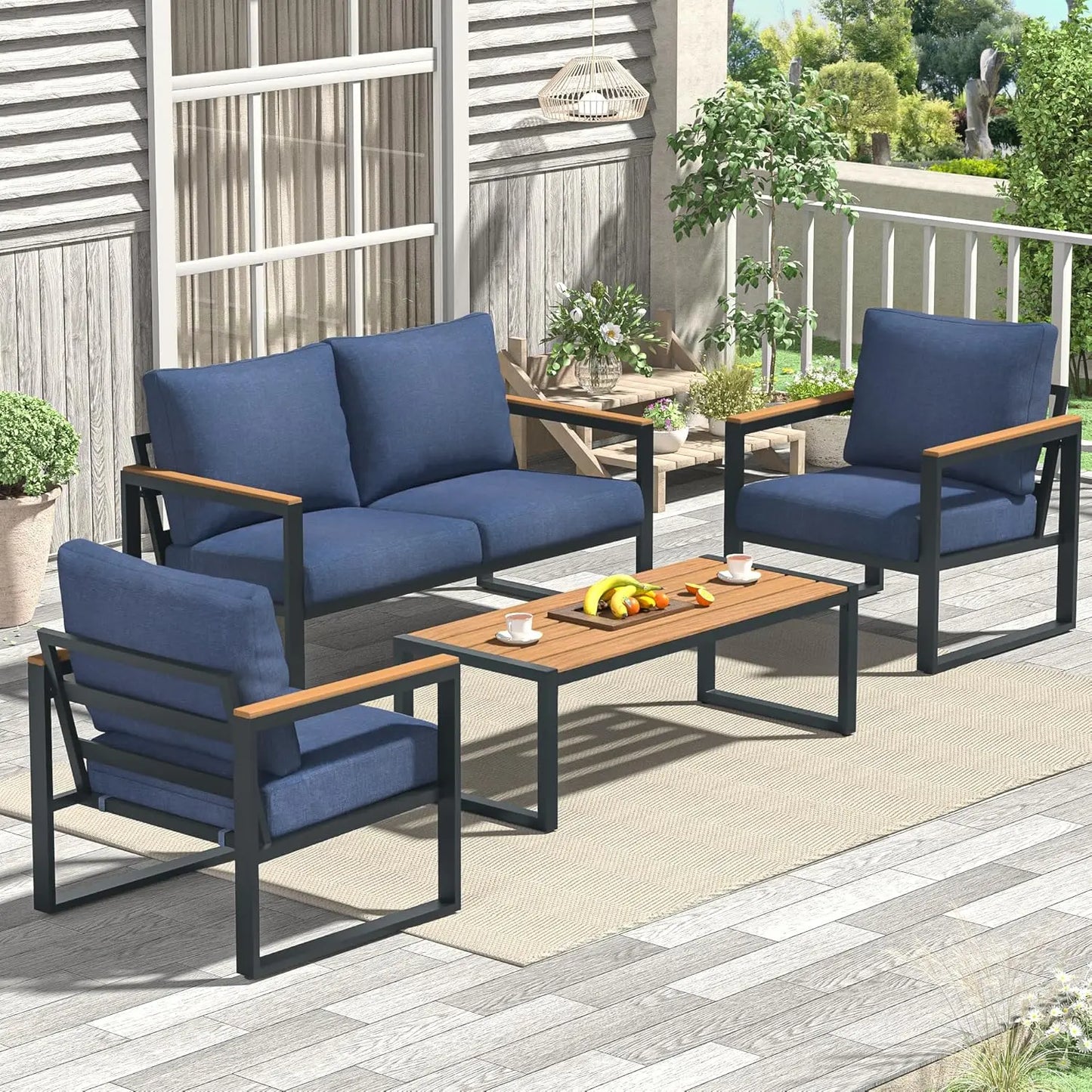 Patio Furniture Set, 4 Pieces Outdoor Patio Furniture with Coffee Table Set, Metal Patio Conversation Sets with Washable and Hig